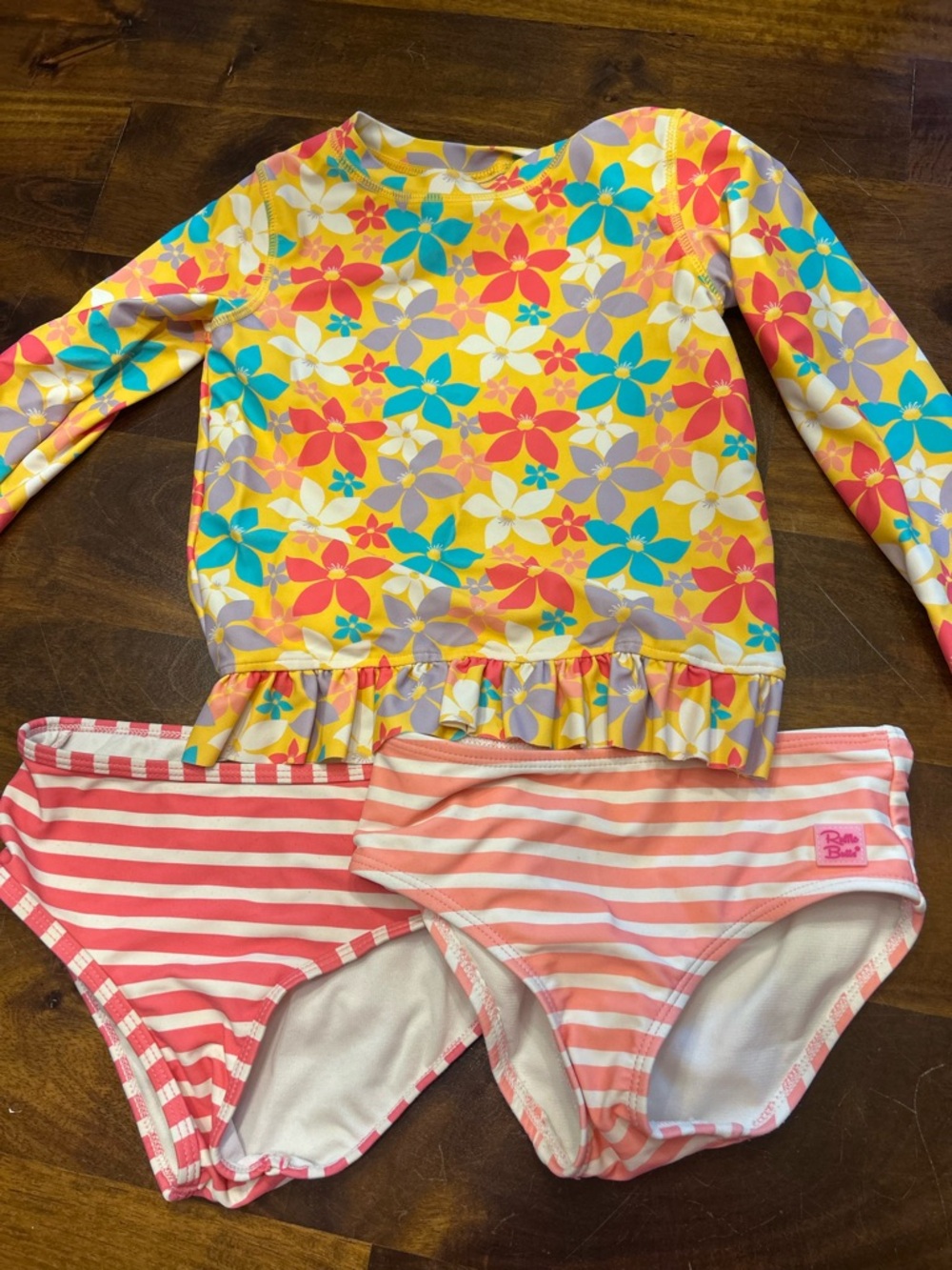 Ruffle Butts Yellow Floral Ruffle Rash Guard Set with Pink Striped Bottoms
